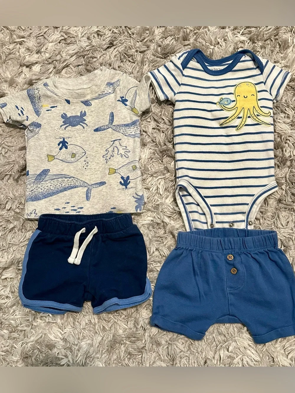 Baby Blue Ocean Stripe Octopus Bodysuit & Short Set